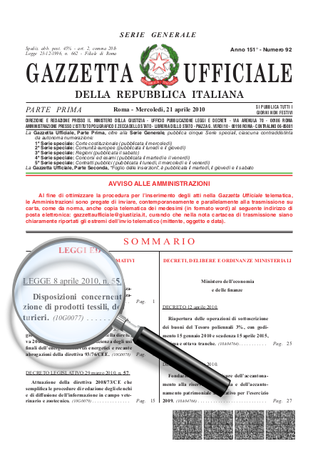 Gazzetta Ufficiale 21/04/2010 - Legge n° 55 08/04/2010